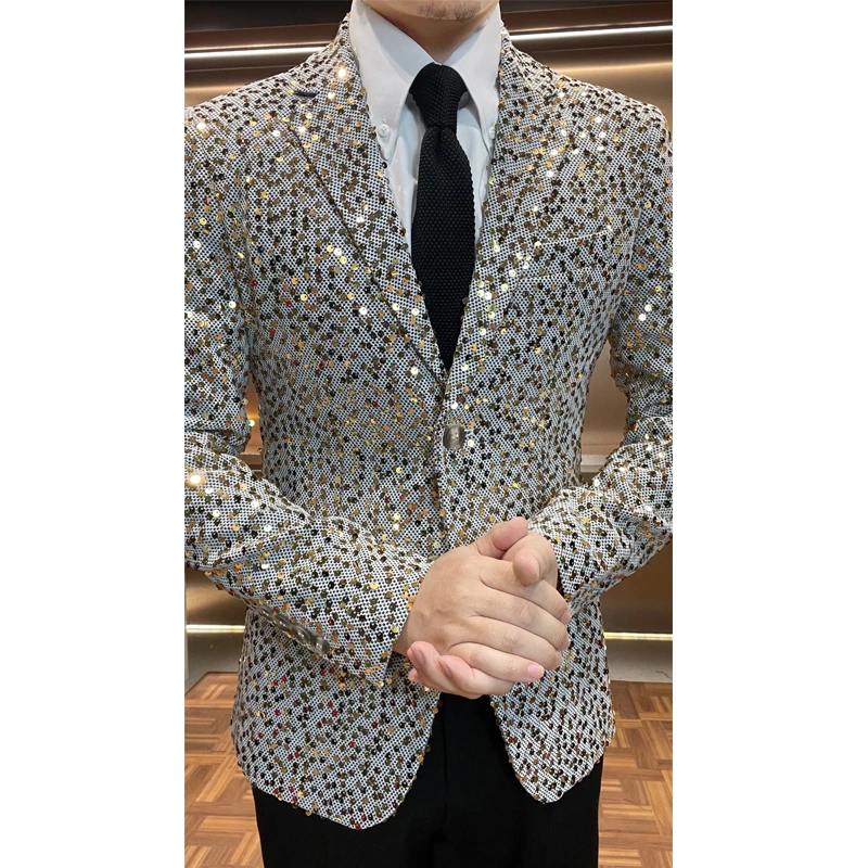 高品质25年表演西服外套大码修身显瘦主持设计师款亮片西装宴会装