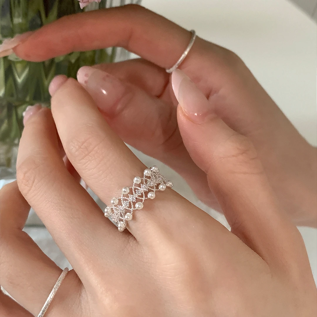 韩版蕾丝花边珍珠锆石戒指女小众高级感轻奢个性气质百搭新品手饰