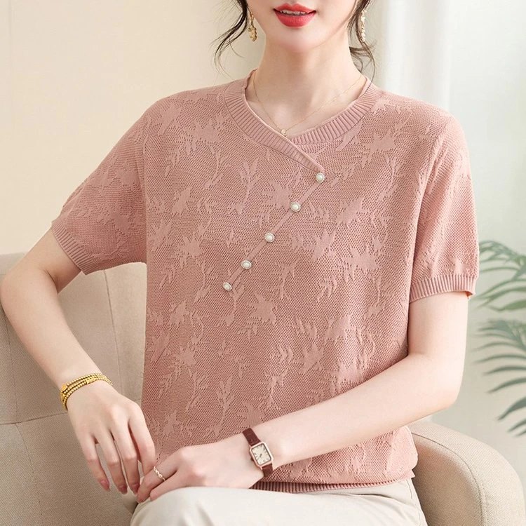 2025夏装新款圆领短袖提花针织衫中年妈妈装洋气减龄小衫2550