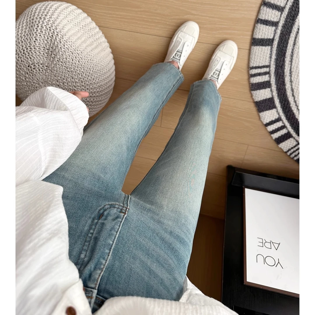 春季新款浅色系九分烟管裤梨形身材高腰显瘦小个子弹力直筒裤