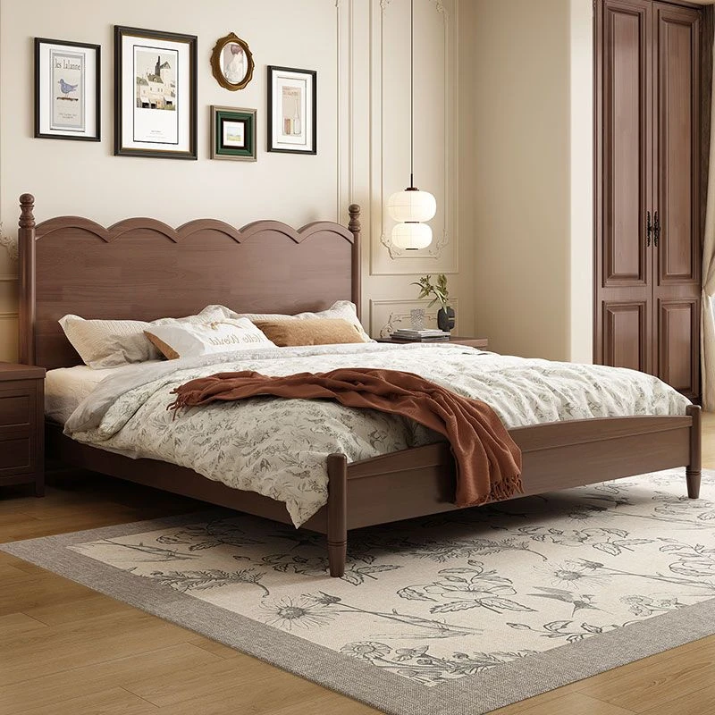 复古风实木床简约波浪床头双人床家用主卧室中古风大床