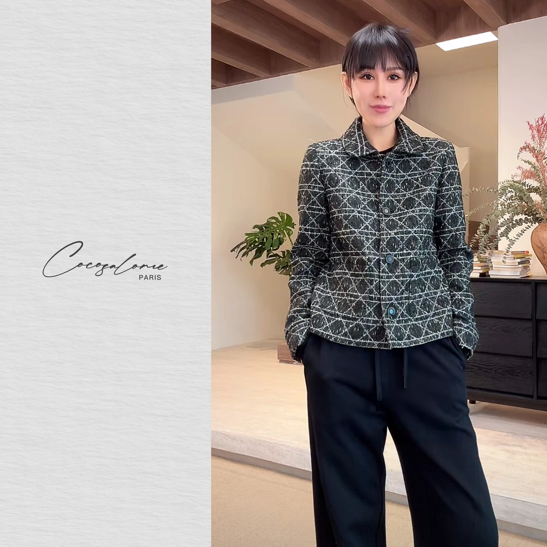 韩彬彬"极夜女神"滕格纹小香风翻领粗花呢外套洋气衣服4078-5