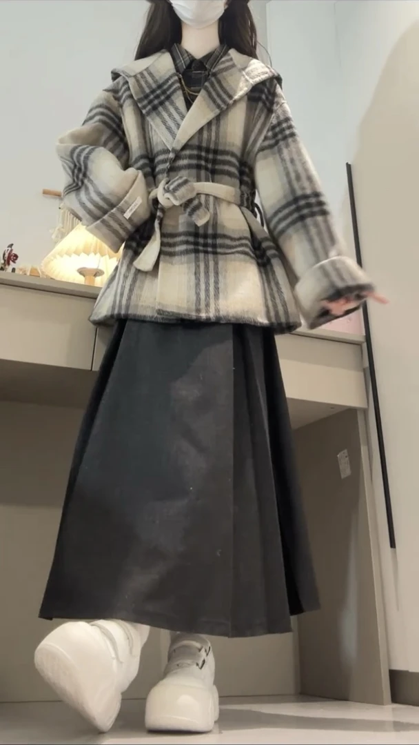 冬装搭配一整套韩系格子绑带毛呢外套叠穿格纹衬衫半身裙三件套装