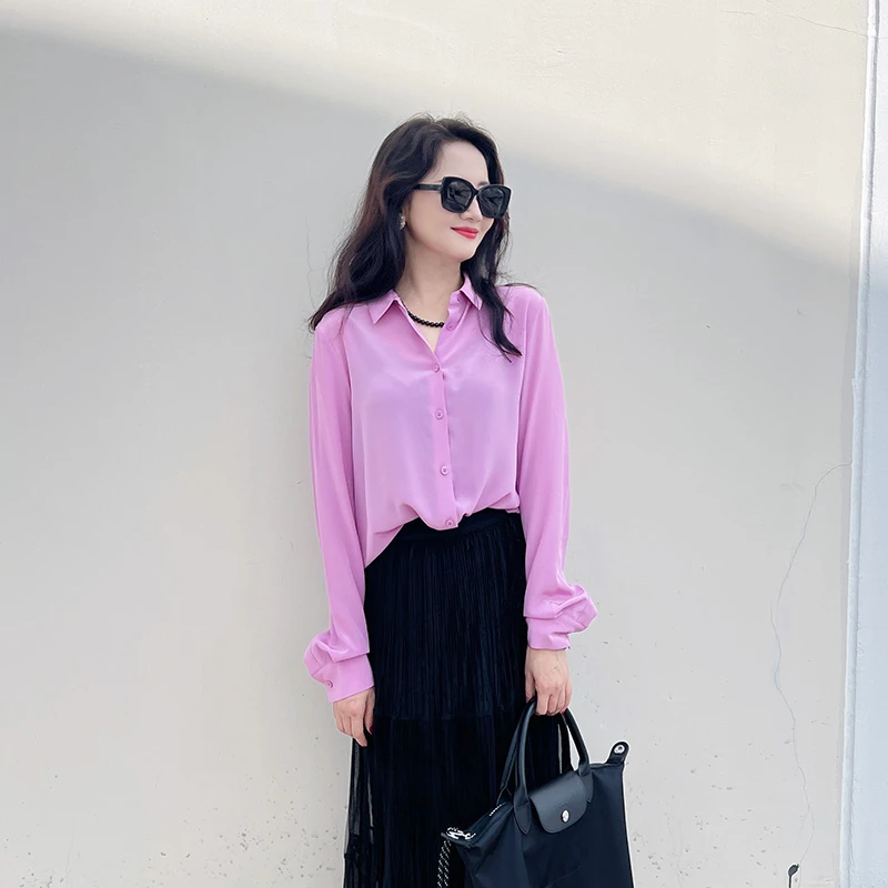法式浪漫时髦EQ 浅粉色双绉真丝衬衫长袖宽松显瘦