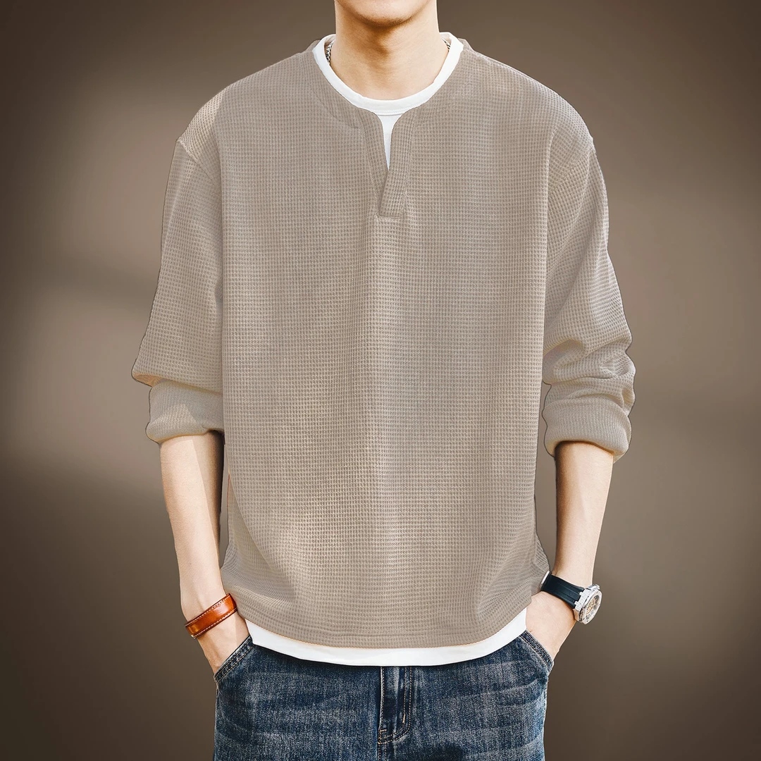 高端华夫格肌理假两件V领长袖T恤男秋季新款日系复古宽松硬汉上衣