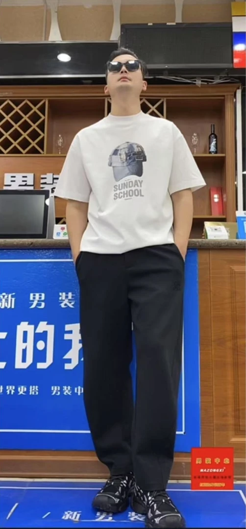 夏季宽松圆领纯棉贴布帽子印花透气简约百搭半袖T恤