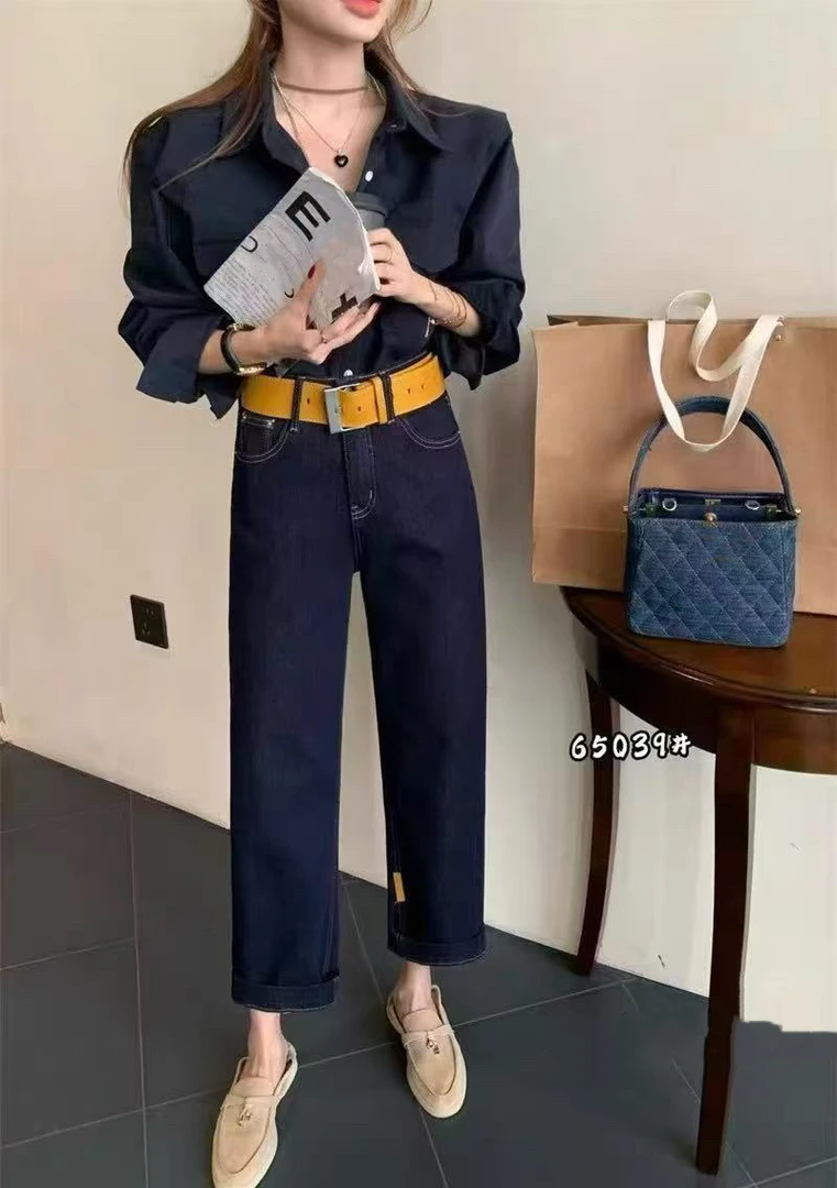 【8990】女#高腰直筒修身烟管牛仔裤【配皮带】