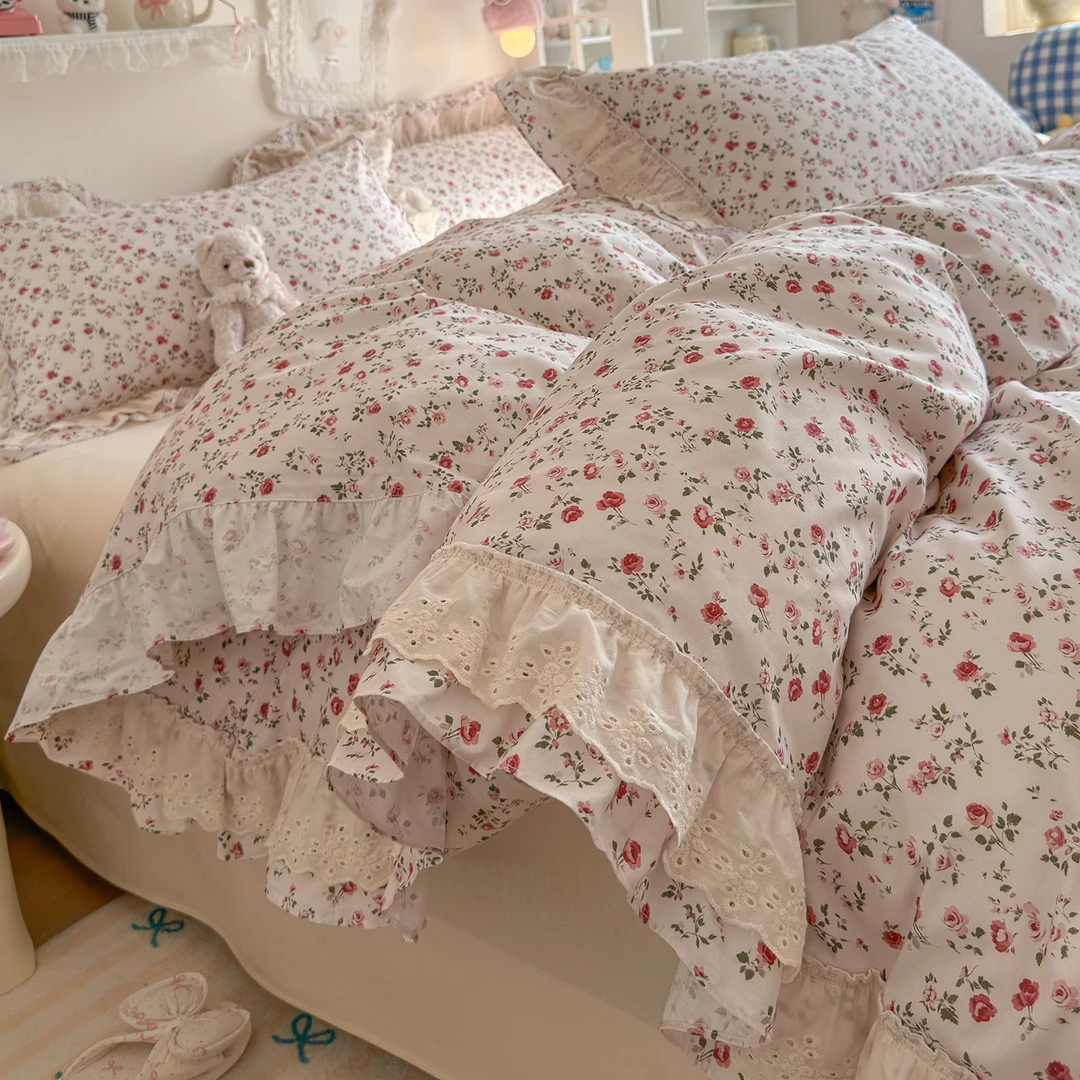 韩式小碎花全棉床上四件套公主风蕾丝花边被套纯棉床单三件套床品