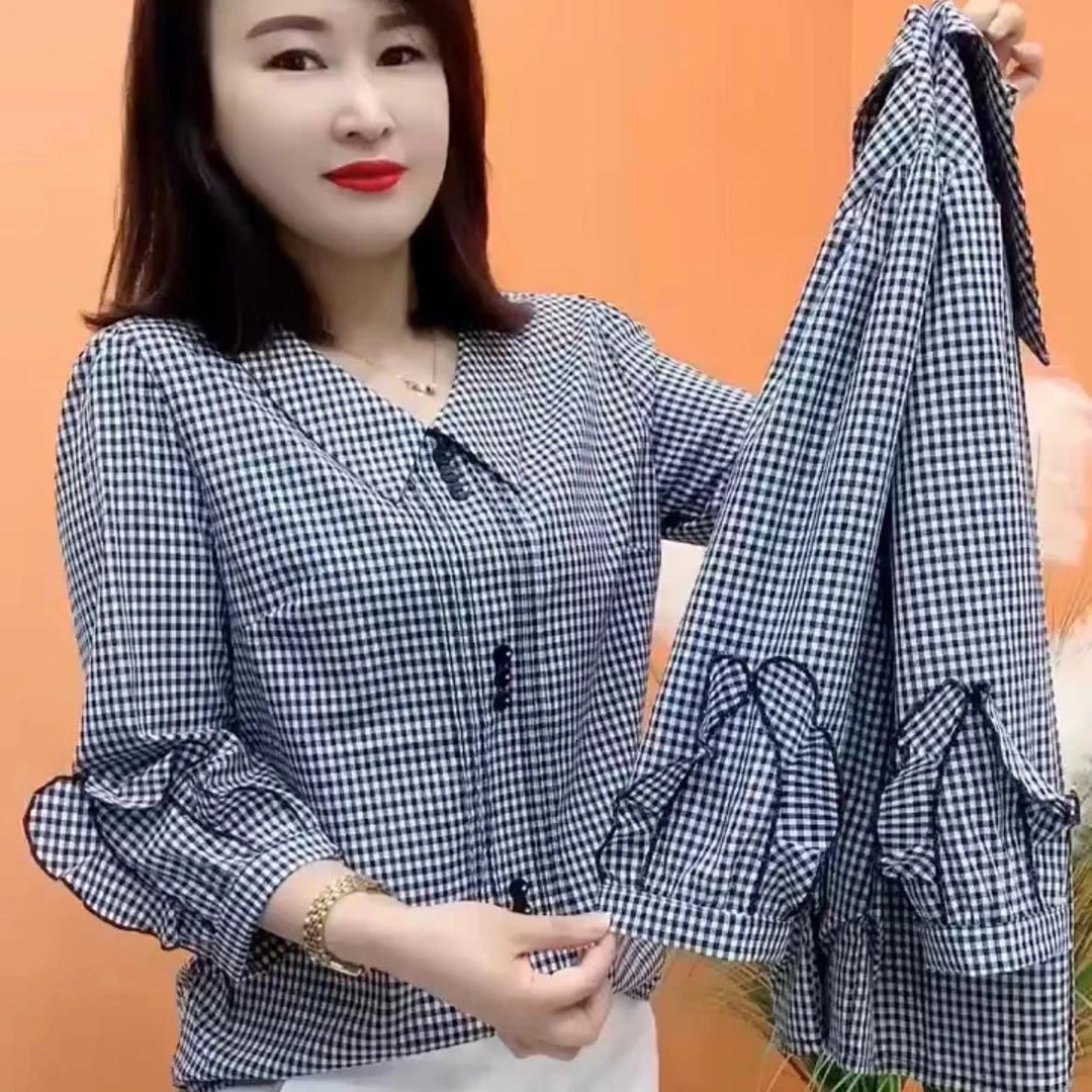 2025夏装女七分袖胖妹妹妈妈大码遮肚时尚洋气格子小衫贵夫人上衣