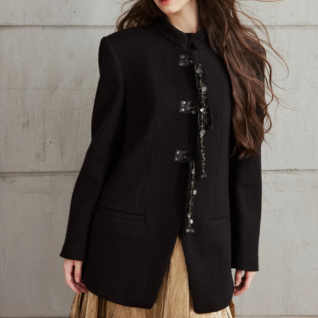 SHETELLS2025秋季新款隐奢都会搭片飘带长外套女简约百搭收腰外套