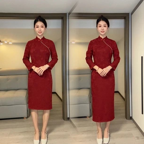 【冬禧】酒红色冬款加绒小个子喜妈妈中式旗袍订婚低领日常显瘦弹力