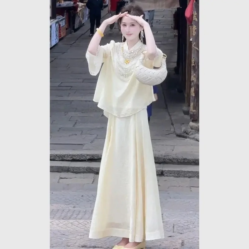 C320+C321夏一整套大方得体穿搭两件套新中式国风奶黄色