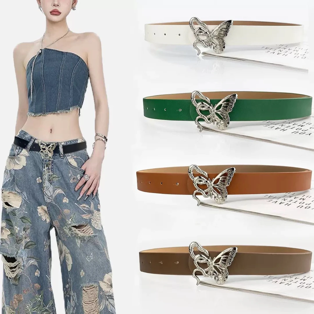 2024新款银色蛇蝴蝶扣头腰带皮带女牛仔裤裙子配饰时尚百搭小众