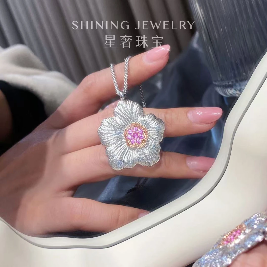 坠链均925银合成锆石 【星奢珠宝】925银栀子花唯美气质镶嵌时尚