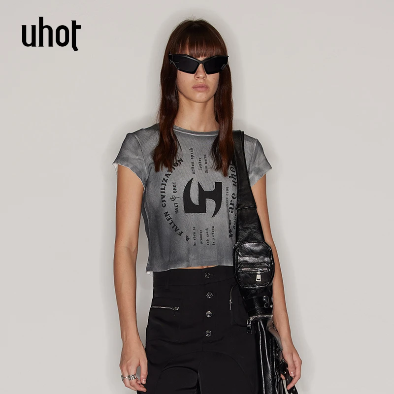 【春上新】uhot休闲女士夏季灰色春夏印花圆领T恤UWFS2T149