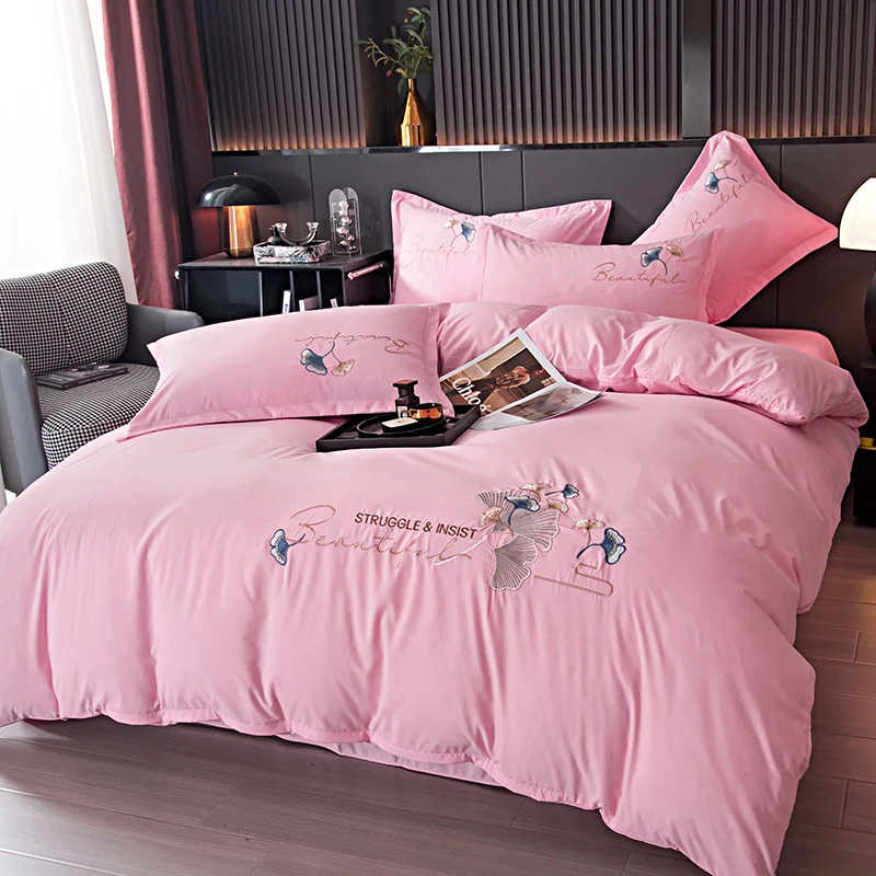 【春季新品】轻奢斜纹棉绣花四件套简约银杏叶款亲肤舒适四件套