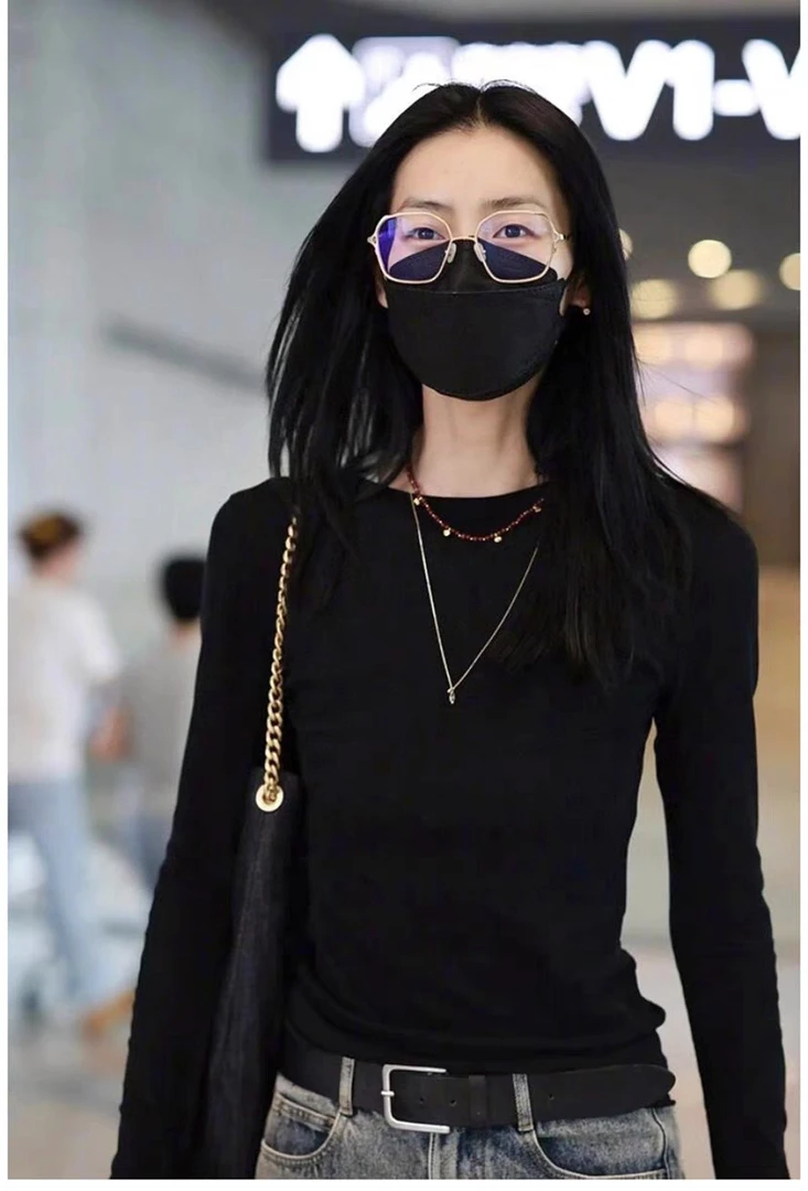 螺纹圆领常规长袖INS风显瘦时尚抗皱轻职风秋季T恤内搭黑色打底衫