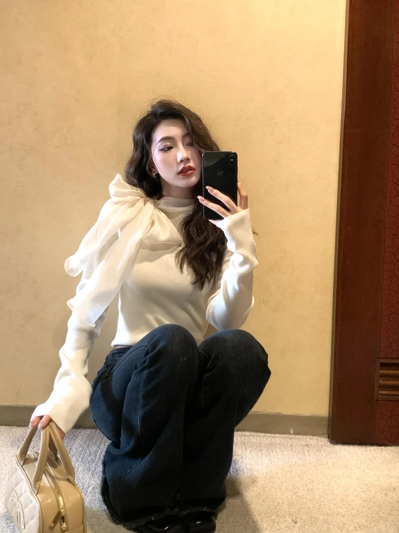 法式蝴蝶结绑带打底衫千金针织衫温柔风软糯设计感小众长袖上衣