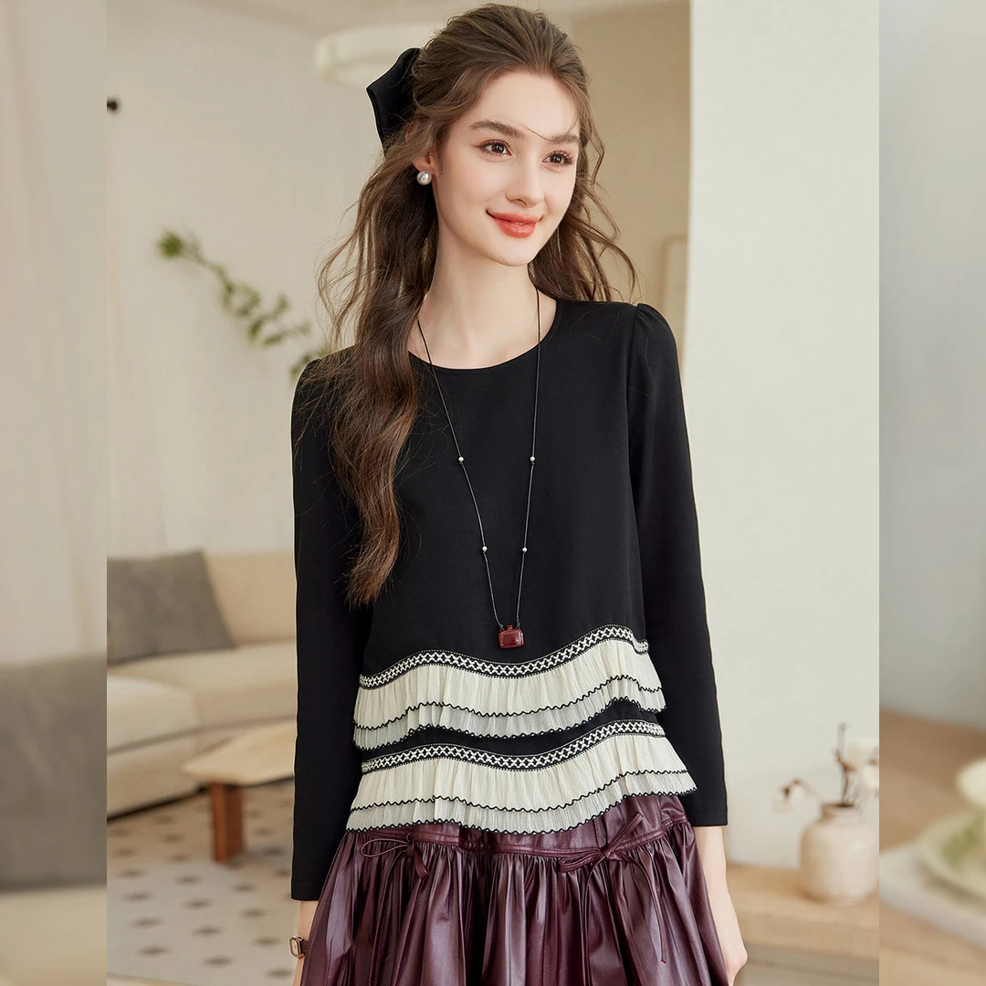 【商场同款新品】白鹿语撞色花边长袖正肩圆领女式T恤BL20076