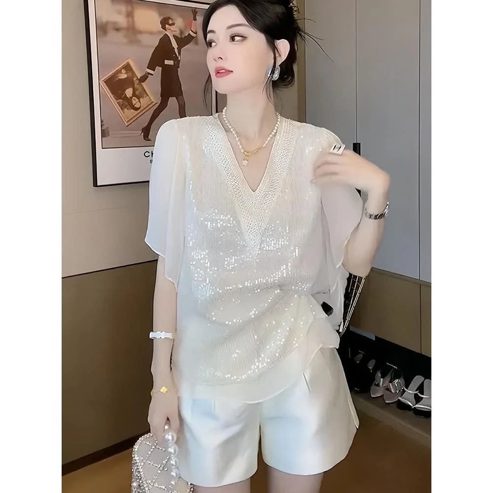 加大码300斤春夏季时尚套装男款亮片装饰V领上衣搭休闲短裤两件套