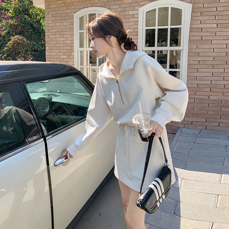 米白色学院风半拉链卫衣套装裙女2025春季新款休闲半身短裙两件套