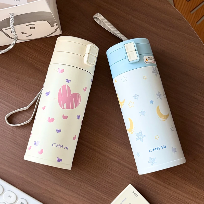 316不锈钢保温杯降温可爱印花便携白领学生上班族喝水杯子带提绳