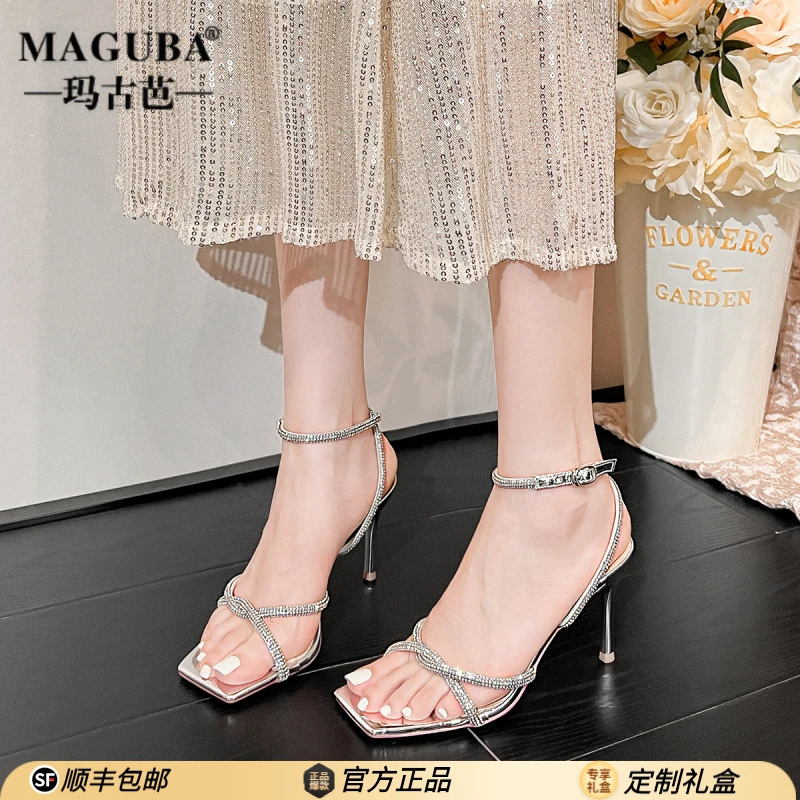 MAGUBA/玛古芭高级感仙女风方头水钻露趾一字带百搭法式高跟凉鞋