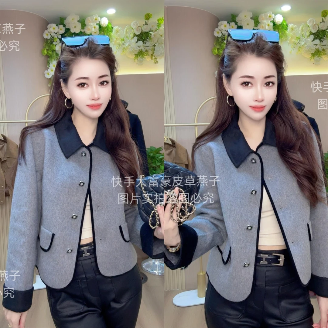 （衣长53 卡码拍小 不可水洗 C ）2368撞色翻领毛呢外套