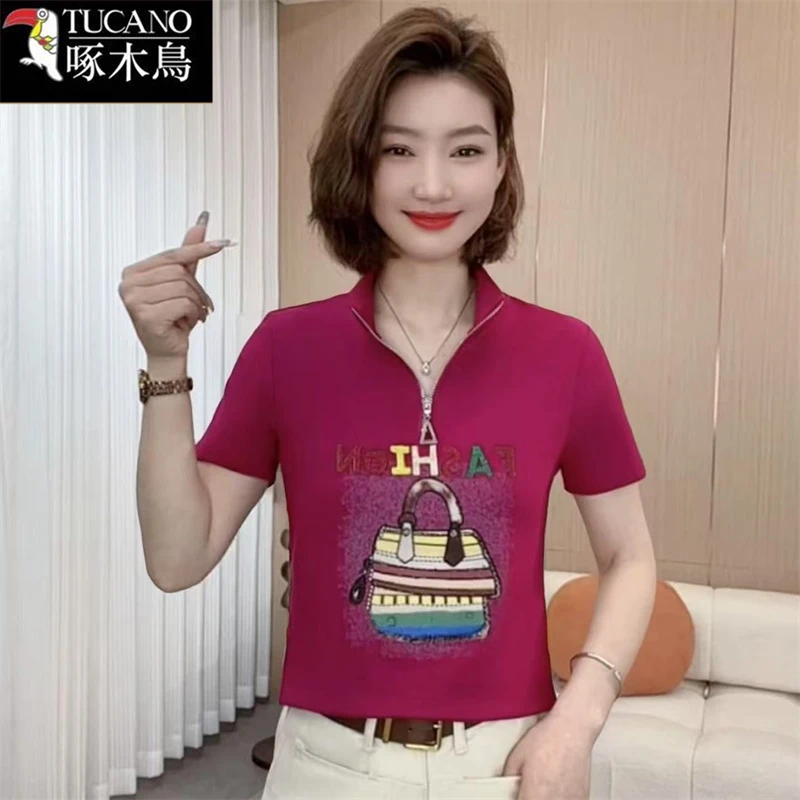 啄木鸟半拉链翻领短袖印花T恤2025年夏季新款洋气短款显瘦上衣女