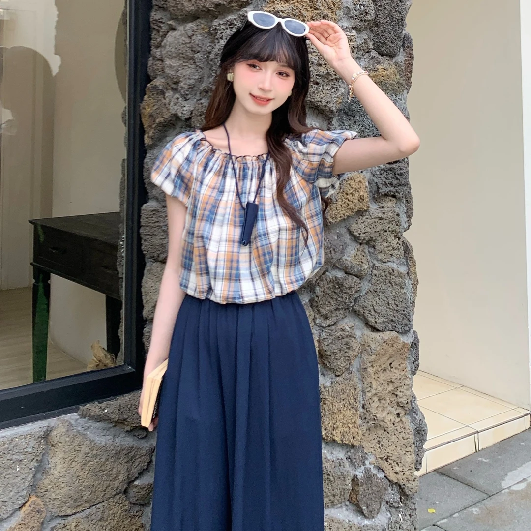 【买套装有挂脖配饰】慕兔格子衬衫搭松紧腰阔腿裤韩版时尚套装
