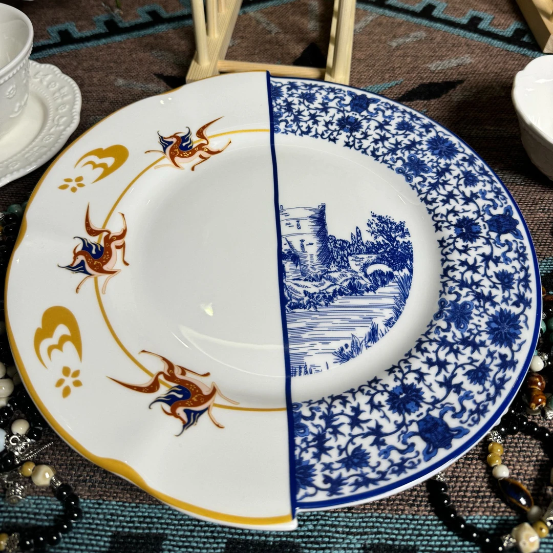 一等骨瓷10.5寸盘中西结合双拼工艺外贸尾单