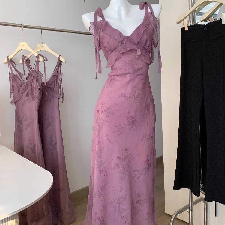 绝美气质女神度假风连衣裙女夏季法式茶歇高级感设计修身紫色长裙