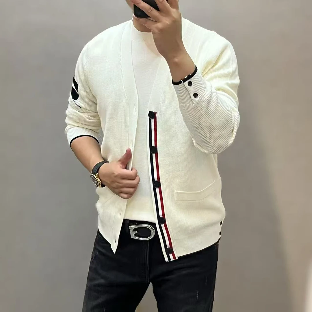 新款高端潮流男士轻奢时尚拼色针织开衫6912