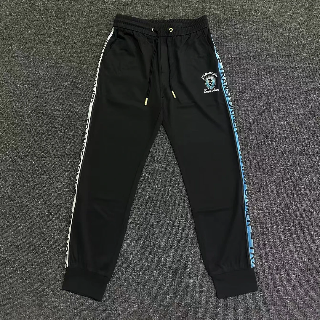 秋冬新款潮流百搭轻奢休闲裤束脚系带刺绣织带黑色男士裤子159