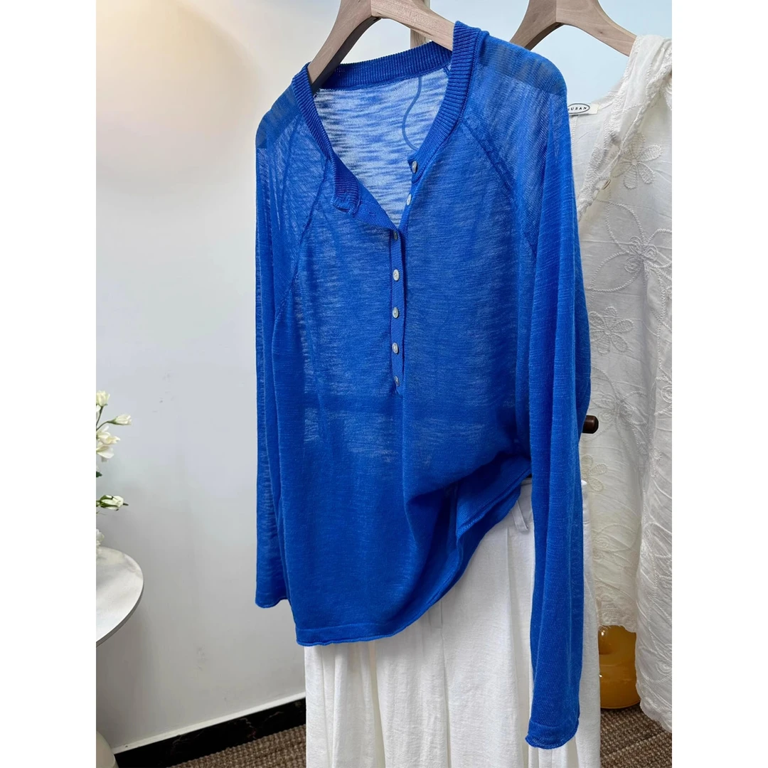 克莱因蓝冰丝半开襟薄款防晒针织衫T恤女2025夏季慵懒风宽松上衣