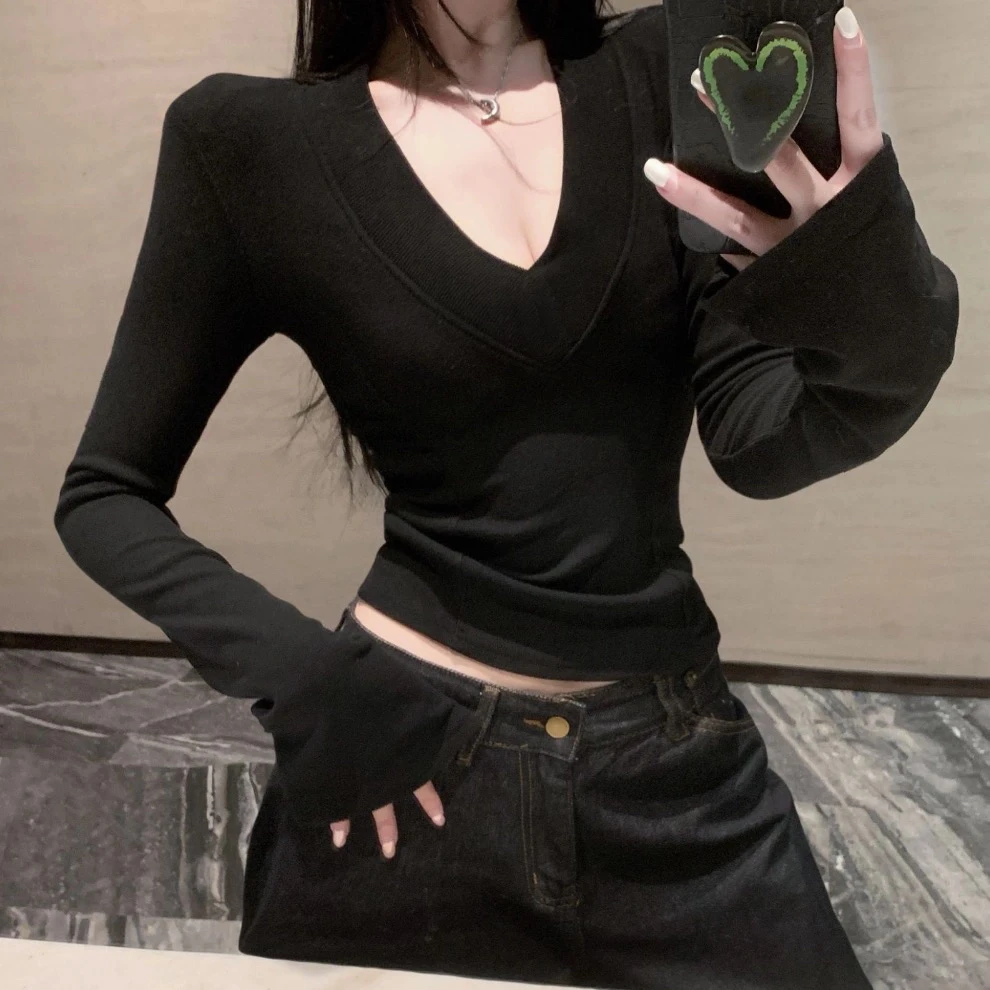 性感v领长袖正肩女春季基础弹力打底衫上衣