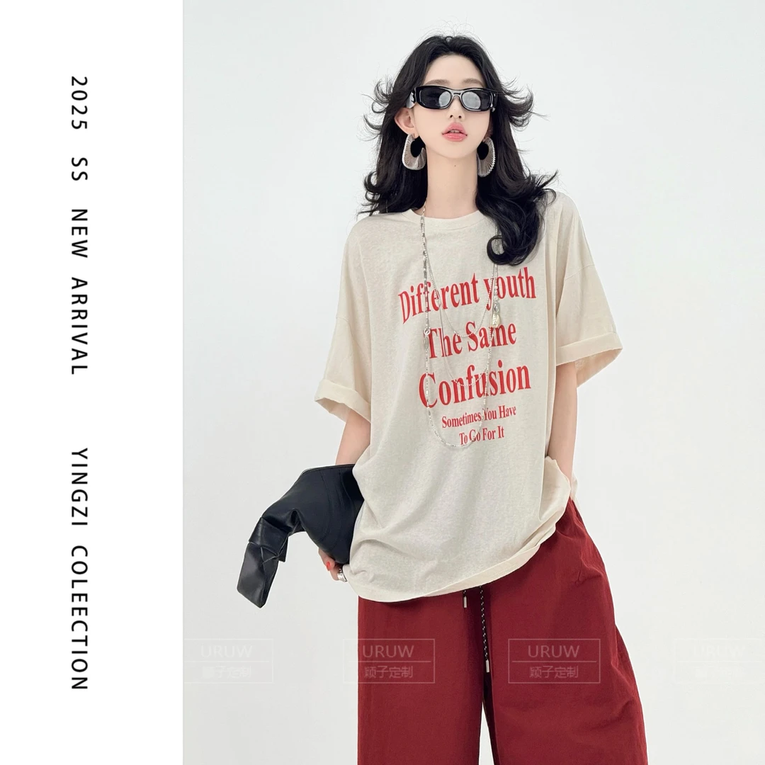 颖子定制【梦田花语】夏季休闲宽松显瘦字母印花薄款T恤上衣9729