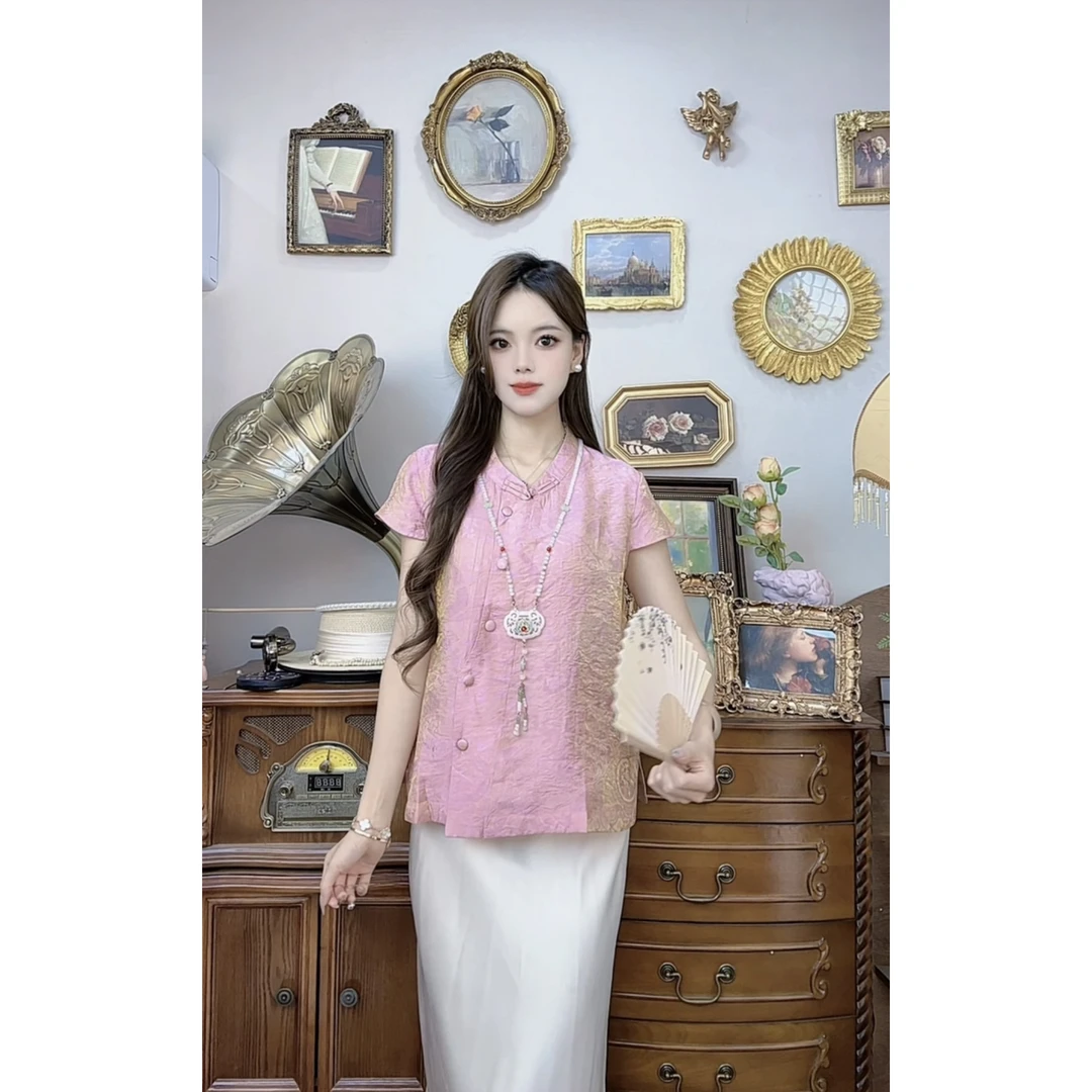 【660】中式立领短袖盘扣国风女装衬衫夏季新款气质显瘦小衫