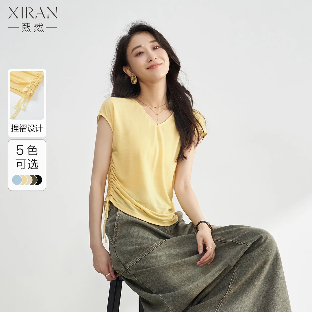 熙然夏日抽绳收腰薄款T恤清爽透气显瘦V领针织短袖T恤女夏季减龄