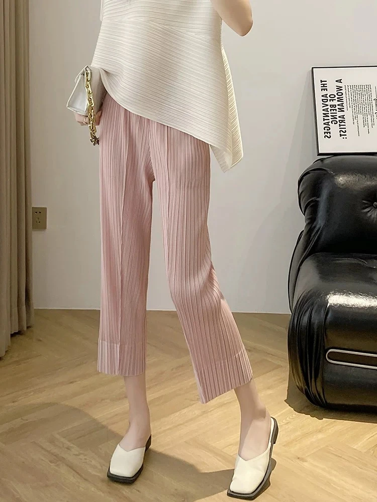 褶二喜时尚褶皱裤女夏季三宅风九分裤显瘦直筒薄款裤子弹力显瘦