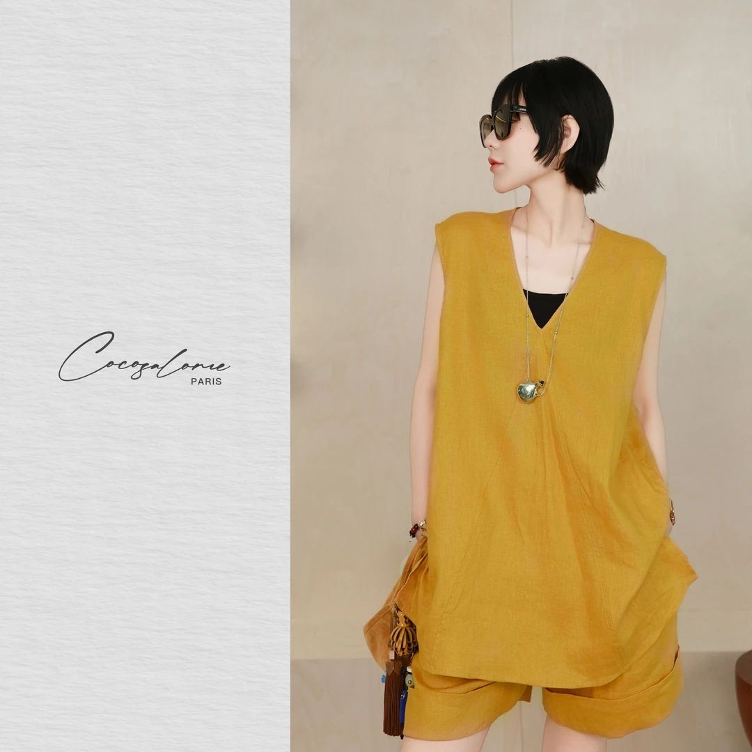 韩彬彬"姜麻"复古100法国定染姜黄色优雅时髦外穿休闲套装995Y-1