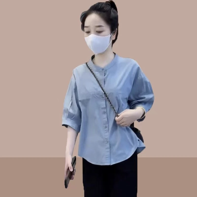 2025夏季休闲新款中袖衬衣洋气减龄宽松显瘦百搭纯色衬衫