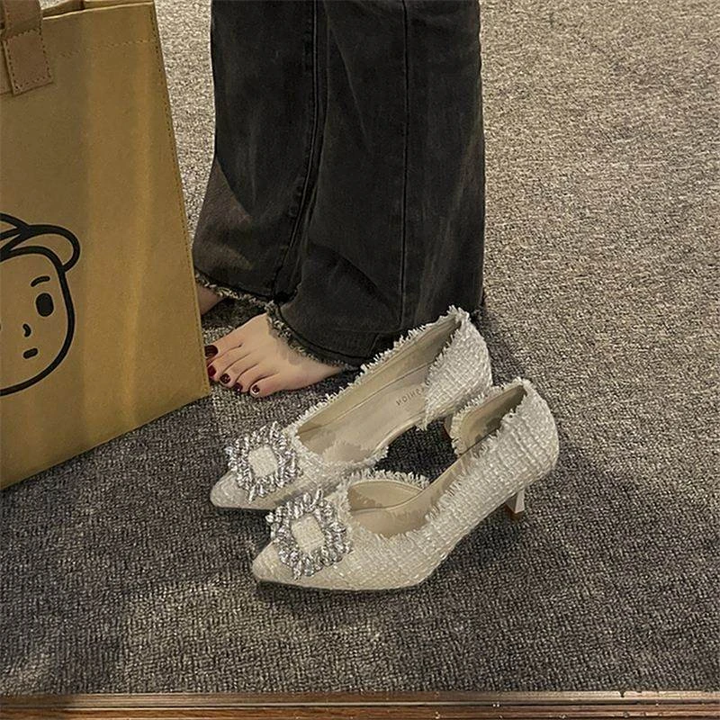 黑色气质设计白月光尖女鞋浅口水钻少女细跟单鞋2025年春秋季新款