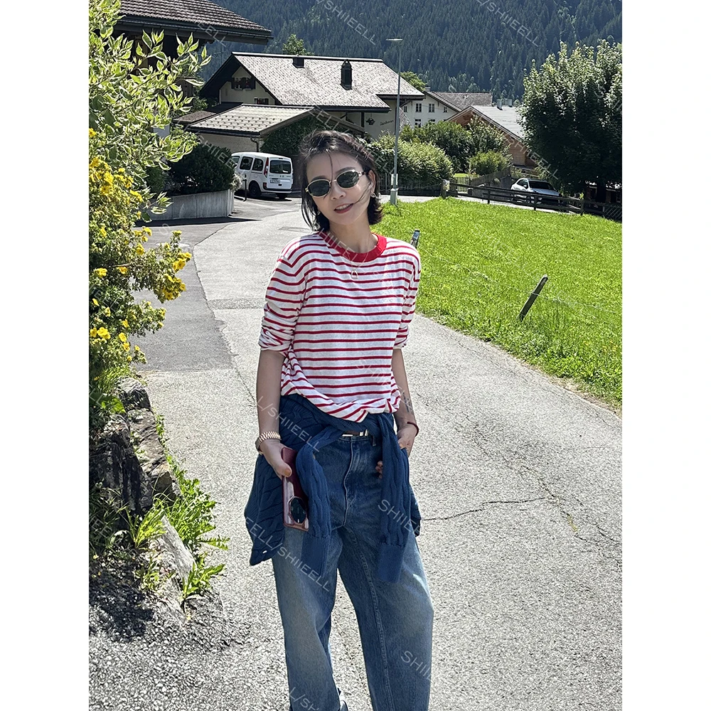 SHIIEELL新款圆领休闲时尚定制柔软棉麻条纹廓形宽松长袖T恤ZH418