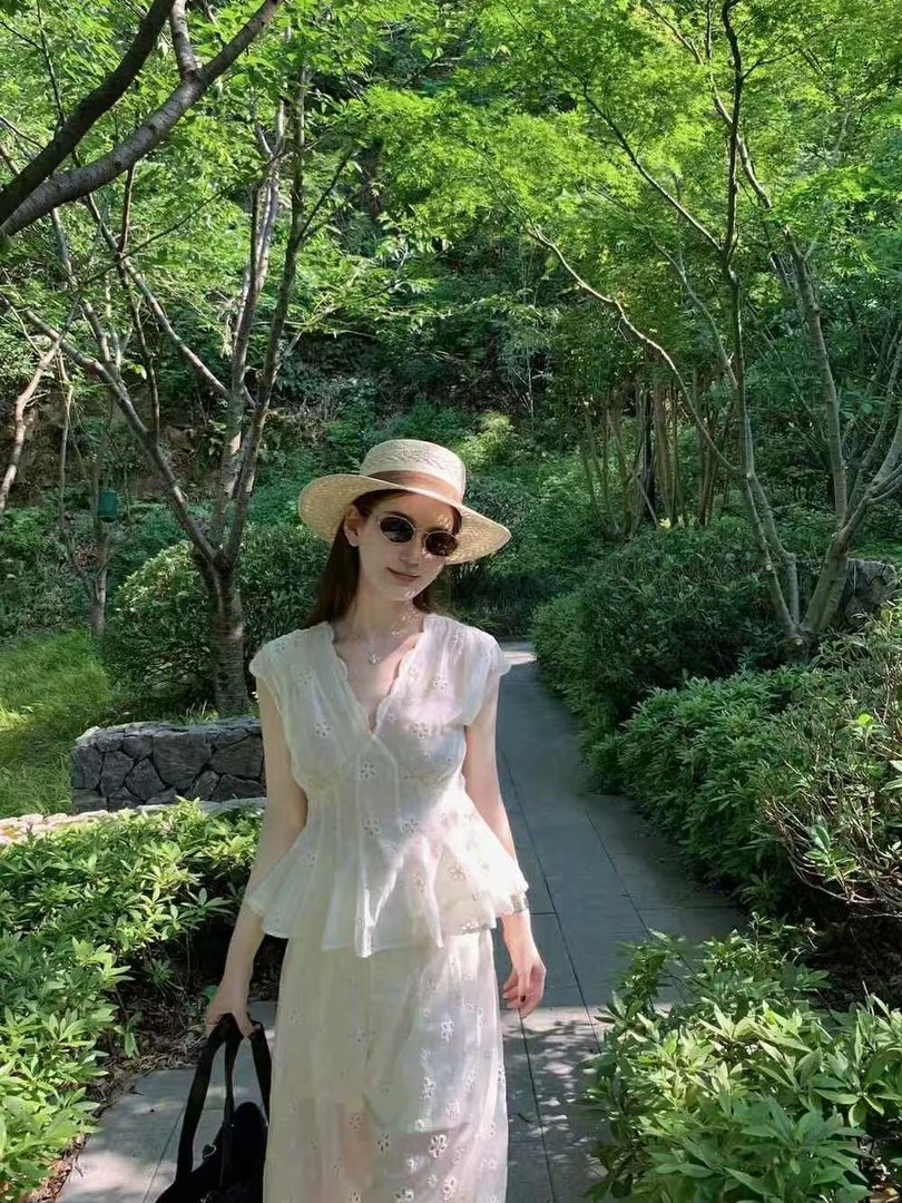 【简逸絮白】真两件套韩版夏季新款甜美风白色v领衬衫休闲长裤