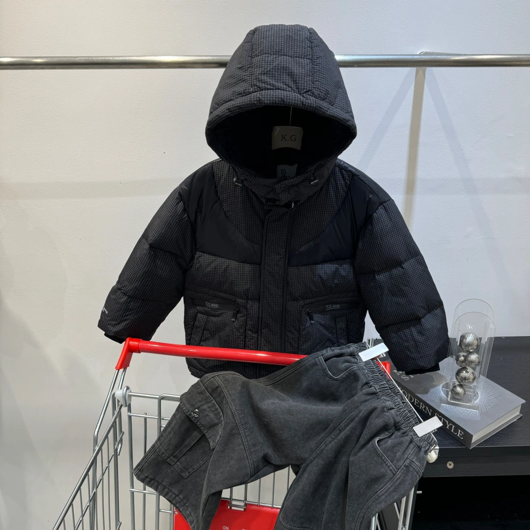 5528 加绒加厚款儿童羽绒服连帽拼接韩版冬装冬款加厚