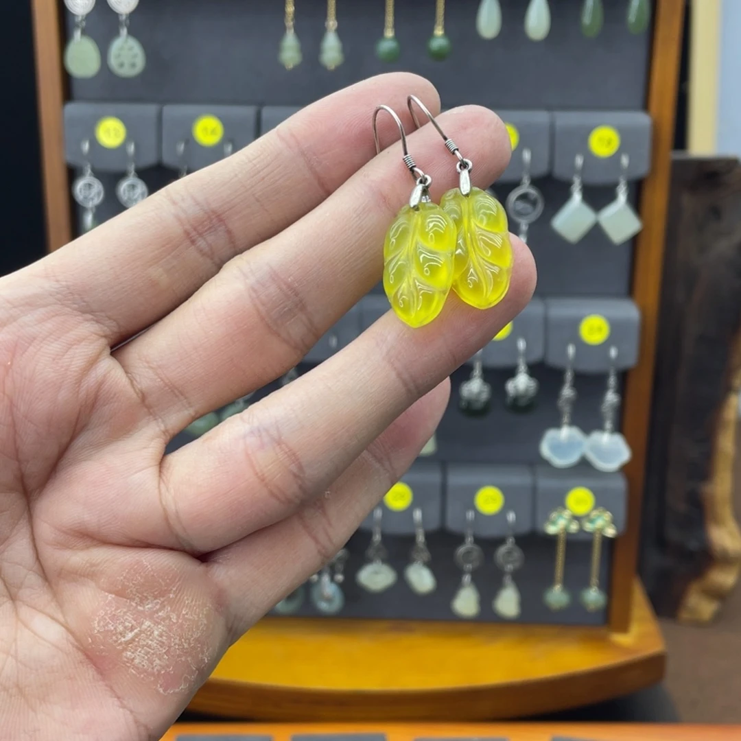蛇纹石玉银S925镶嵌耳饰