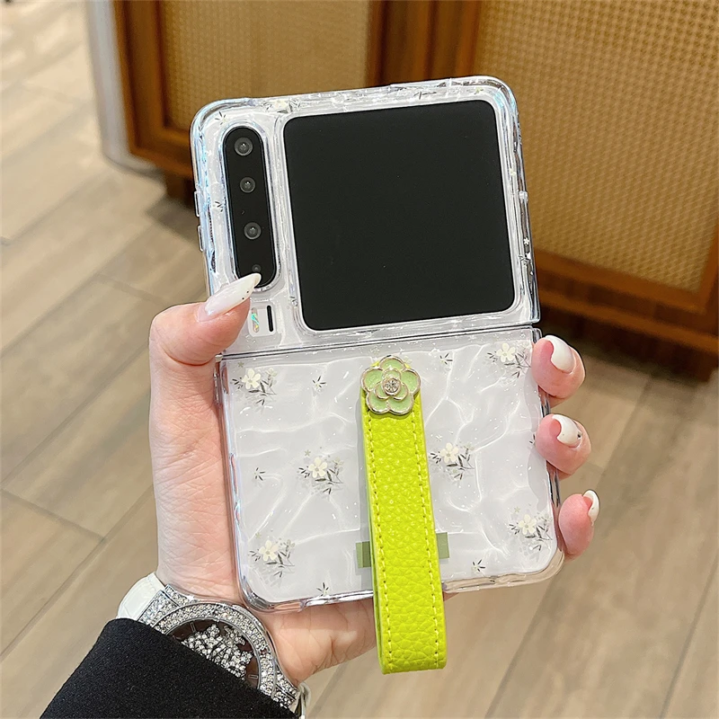 适用华为purax手机壳碎花手带款三星小米OPPO荣耀折叠女款保护套