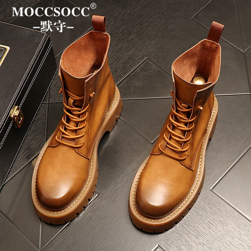 MOCCSOCC马丁靴男厚底增高靴轻奢潮流英伦风高帮鞋时尚百搭休闲靴