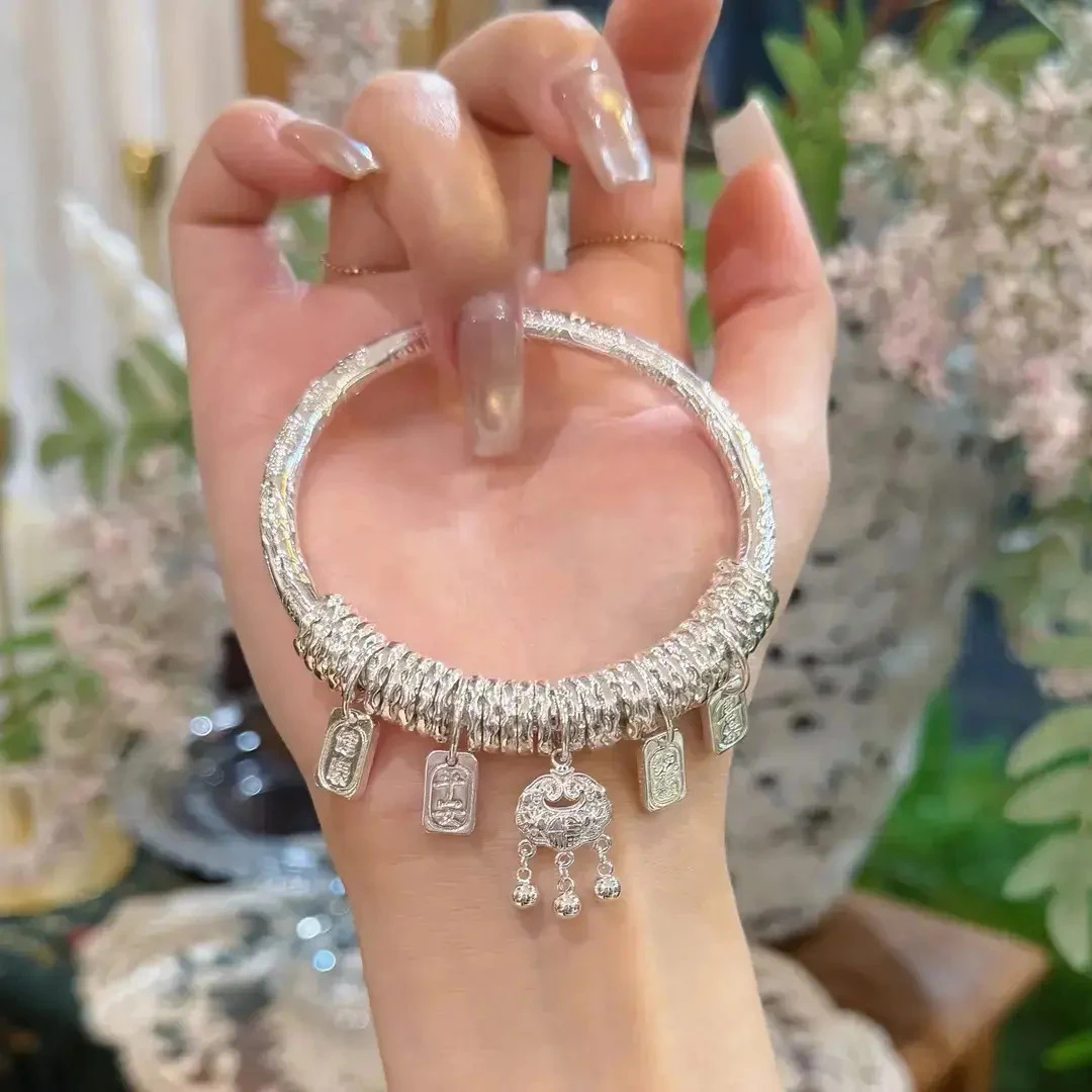 999.9银平安锁盘缠平安锁闭口手镯